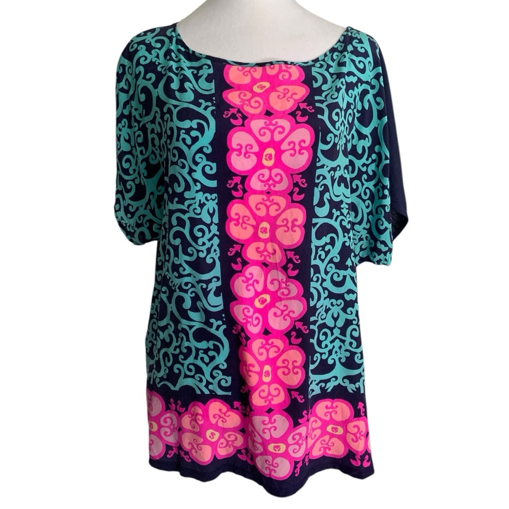 Lilly Pulitzer Medium/Large Colorful Silk Front T-Shirt Resortwear Summer Top